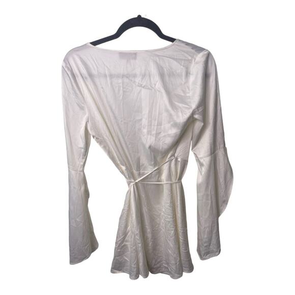 Revolve Majorelle Satin Hex Mini Wrap Dress Off White Tie Pom Poms Size Small - Picture 5 of 10